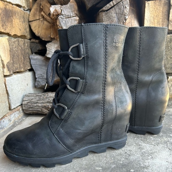 Sorel Joan of Arctic wedge II waterproof leather Black Wedge Boots Sz-8.5. N - Picture 4 of 11